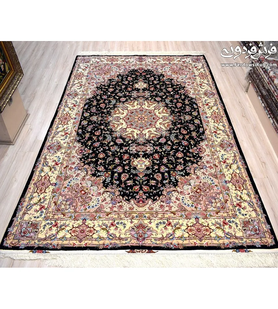 Handwoven 6-meter Aliya design carpet, black with cream border, Tabriz style, perfect for home decor and luxury interiors.