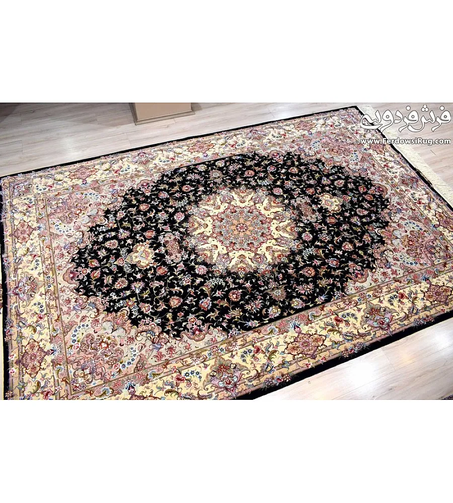 Handwoven 6-meter Aliya design carpet, black with cream border, Tabriz style, perfect for home decor and luxury interiors.