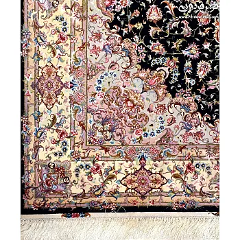 Handwoven 6-meter carpet, Aliya design, black with cream border, Tabriz | Ferdowsi Carpet