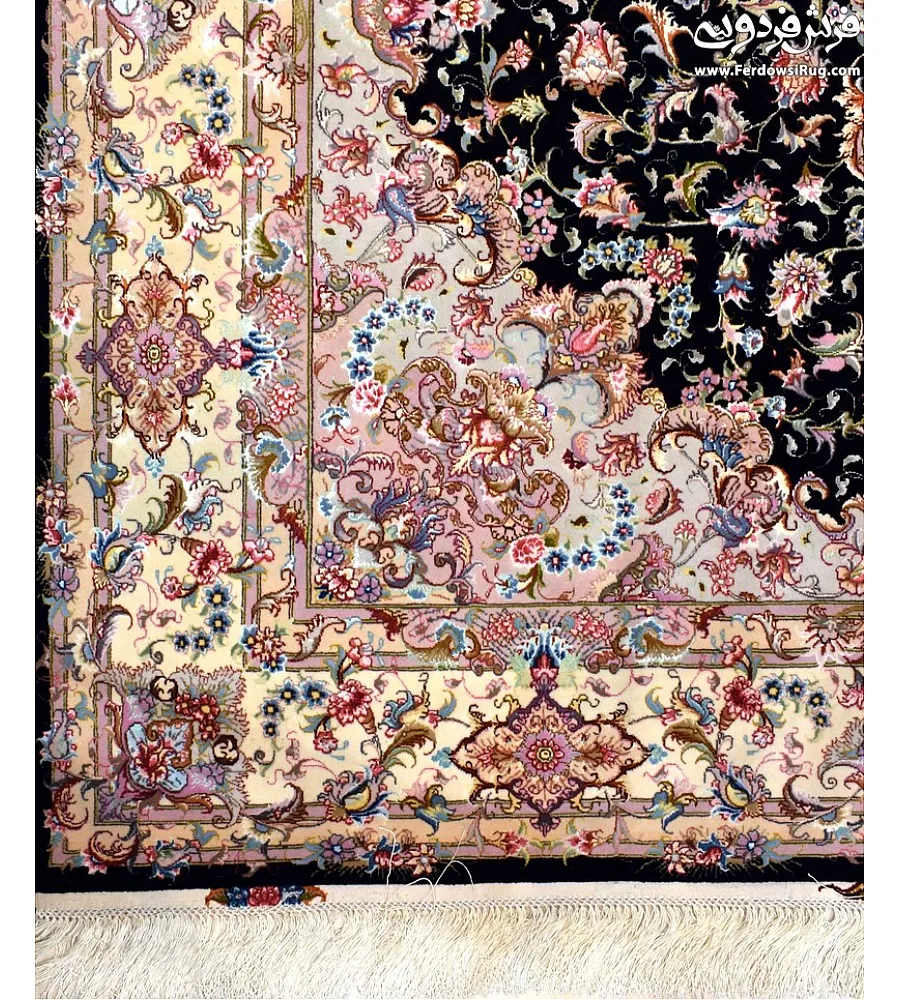 Handwoven 6-meter Aliya design carpet, black with cream border, Tabriz style, perfect for home decor and luxury interiors.