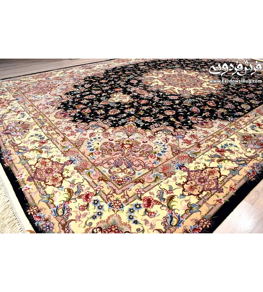 Handwoven 6-meter Aliya design carpet, black with cream border, Tabriz style, perfect for home decor and luxury interiors.