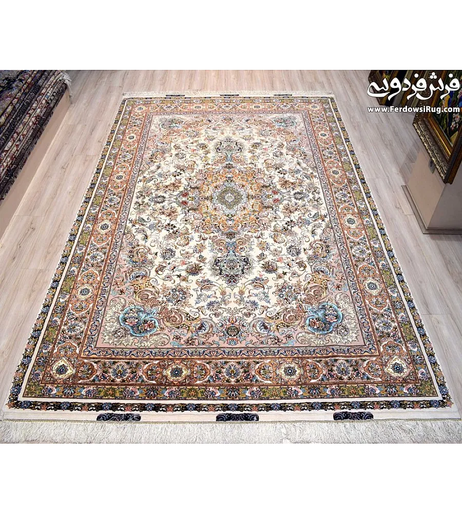 فرش دستباف 6 متری جفت طرح نوین فر تبریز با رنگ های گرم و نقش ونگار سنتی مناسب دکوراسیون کلاسیک
