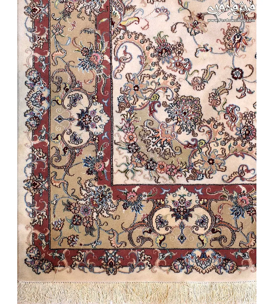 Pair of 6-meter handwoven cream carpets, Tabriz design, Mashhad weave, intricate patterns, elegant decor for living spaces.
