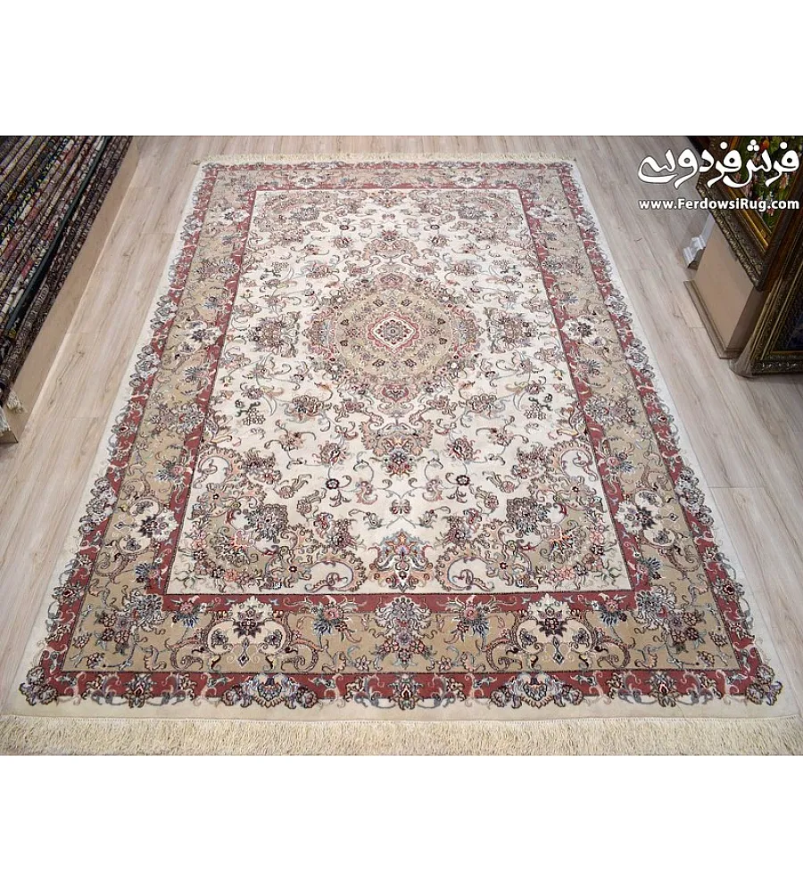 Pair of 6-meter handwoven cream carpets, Tabriz design, Mashhad weave, intricate patterns, elegant decor for living spaces.