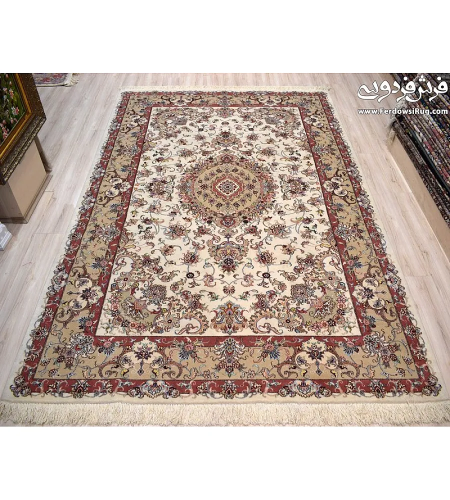 Pair of 6-meter handwoven cream carpets, Tabriz design, Mashhad weave, intricate patterns, elegant decor for living spaces.