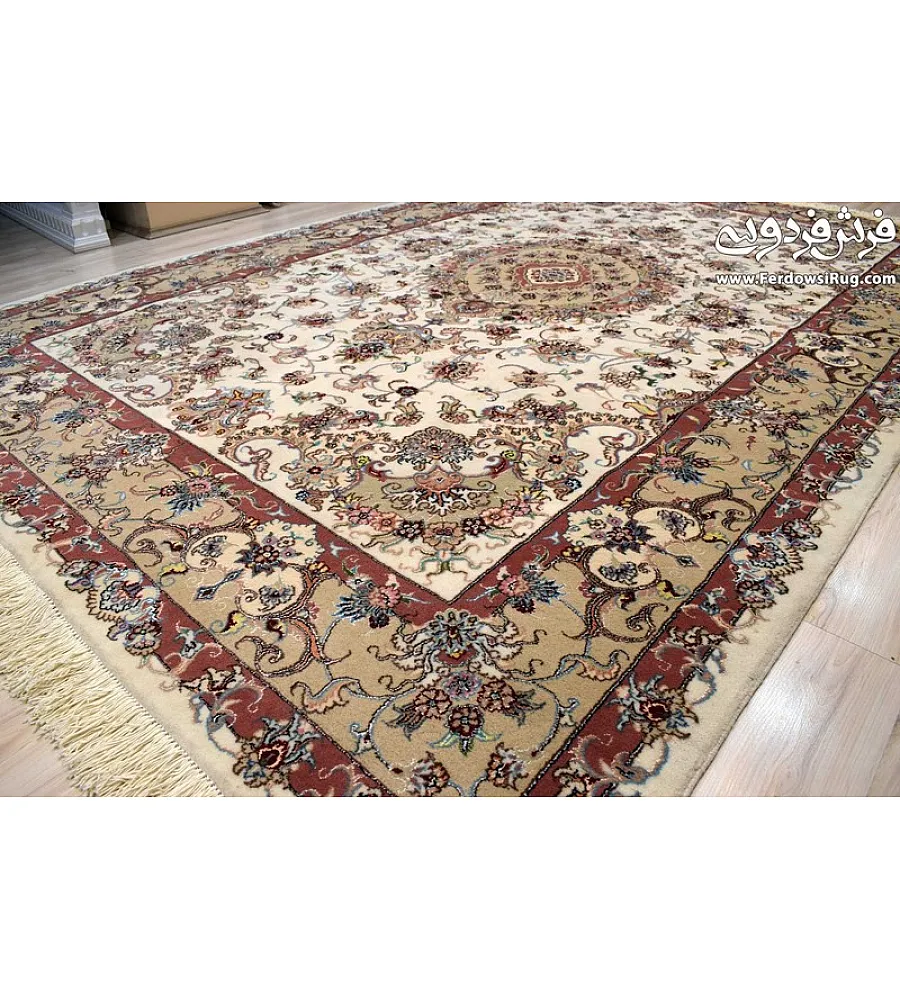 Pair of 6-meter handwoven cream carpets, Tabriz design, Mashhad weave, intricate patterns, elegant decor for living spaces.
