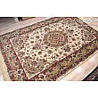 Pair of 6-meter handwoven cream carpets, Tabriz design, Mashhad weave, intricate patterns, elegant decor for living spaces.