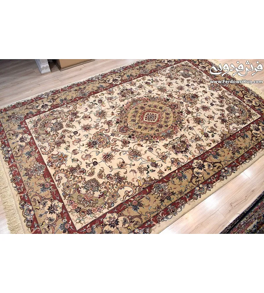 Pair of 6-meter handwoven cream carpets, Tabriz design, Mashhad weave, intricate patterns, elegant decor for living spaces.