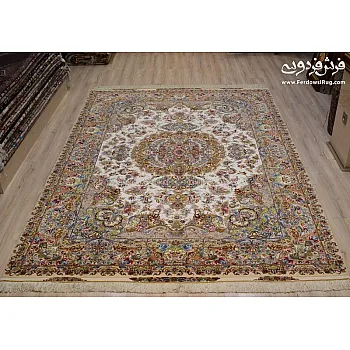 فرش دستباف 6 متری طرح خطیبی کرم کف ابریشم تبریز