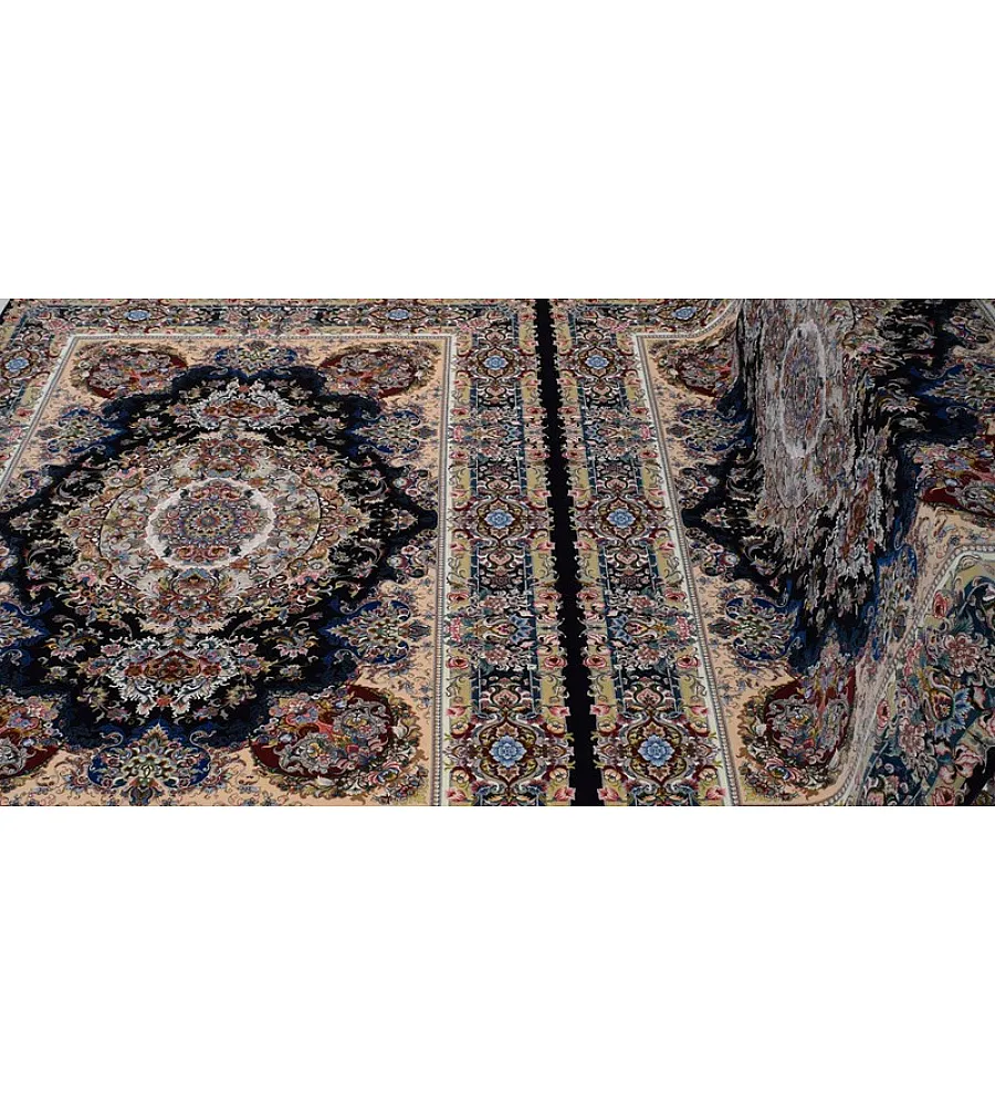 فرش دستباف 6 متری جفت طرح خطیبی رنگ سرمه ای بافته شده در تبریز مناسب برای دکوراسیون کلاسیک و مدرن