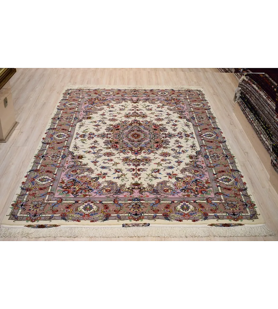 Handwoven carpet with intricate Khatibi design, 6-meter size, crafted using traditional Khorasan weaving techniques.