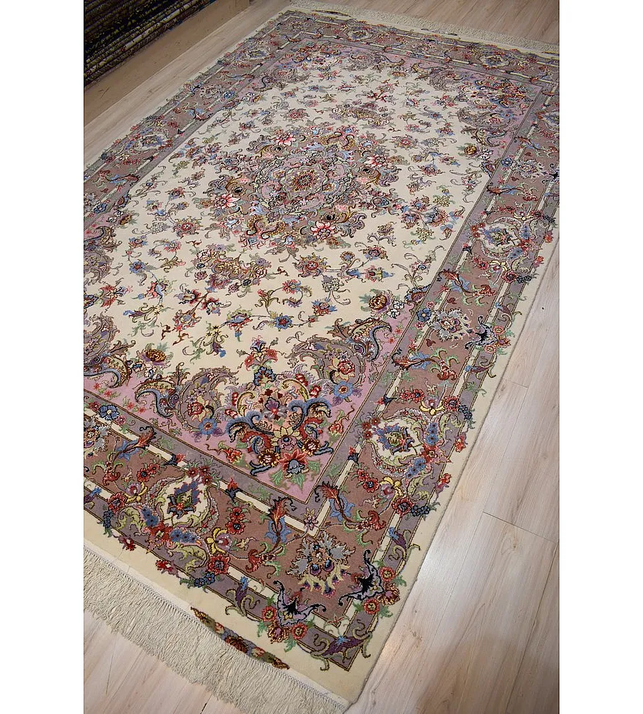 Handwoven carpet with intricate Khatibi design, 6-meter size, crafted using traditional Khorasan weaving techniques.