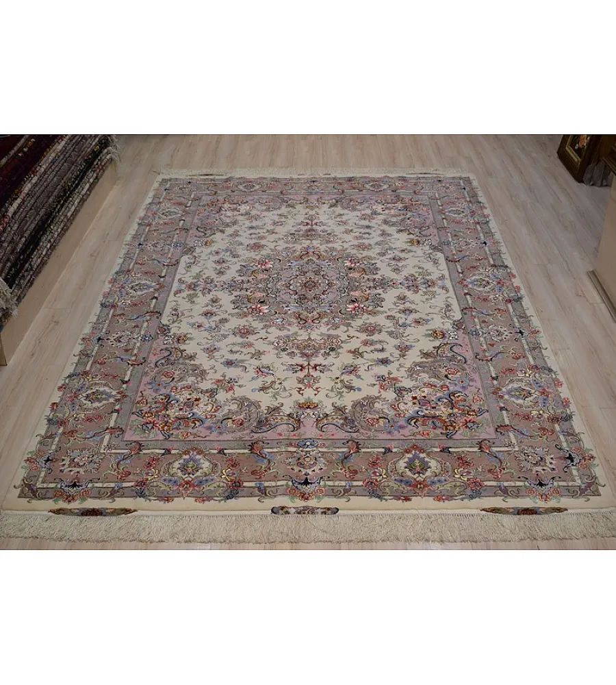 Handwoven carpet with intricate Khatibi design, 6-meter size, crafted using traditional Khorasan weaving techniques.