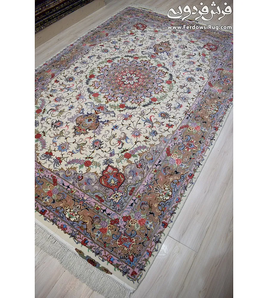 فرش دستباف مشهد طرح علیزاده کرم جفت 6 متری با کیفیت بالا مناسب دکوراسیون کلاسیک و سنتی