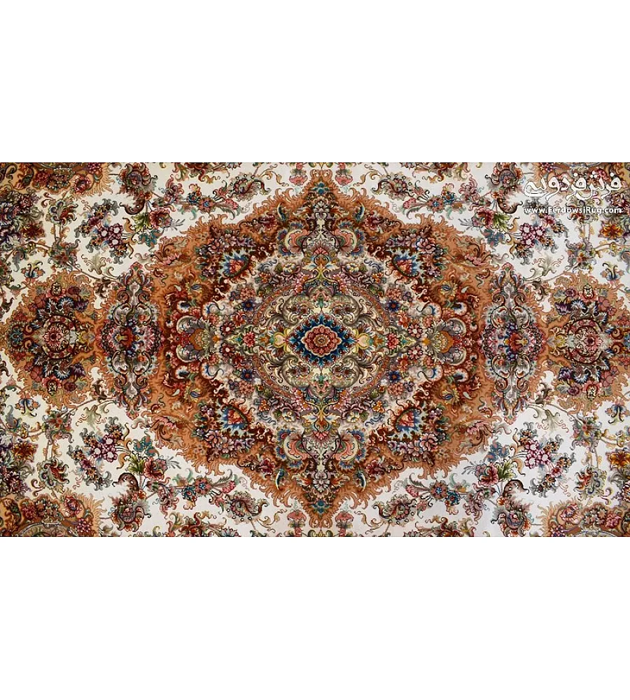 فرش دستباف 6 متری طرح خطیبی گلدانی کف ابریشم تبریز با رنگ های زیبا و کیفیت عالی مناسب دکوراسیون کلاسیک