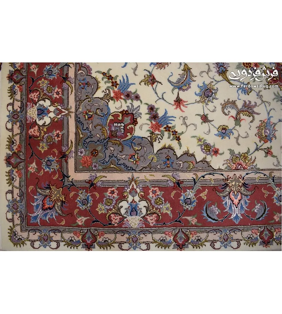 فرش دستباف 6 متری جفت طرح سنتی علیزاده مشهد با کیفیت بالا و رنگ بندی جذاب مناسب دکوراسیون کلاسیک