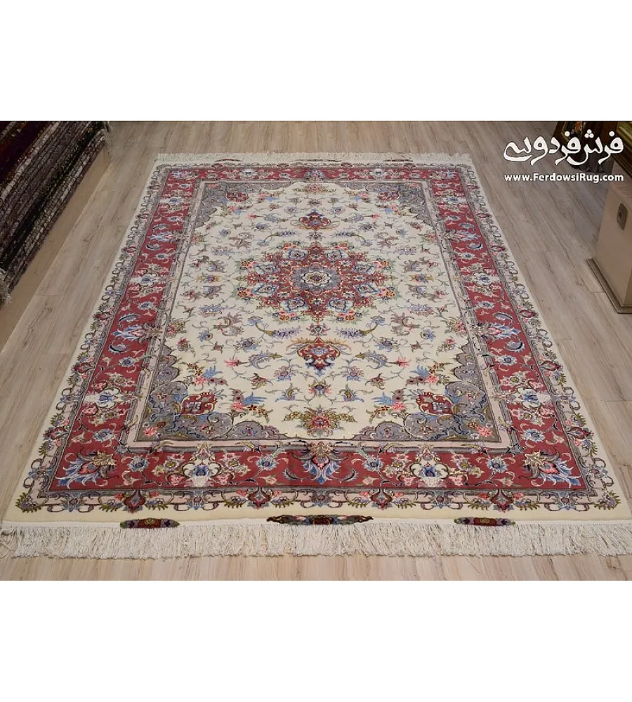 فرش دستباف 6 متری جفت طرح سنتی علیزاده مشهد با کیفیت بالا و رنگ بندی جذاب مناسب دکوراسیون کلاسیک