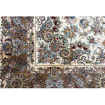 Handwoven carpet with Khatibi design, cream background, copper border, 6 meters, Tabriz weave