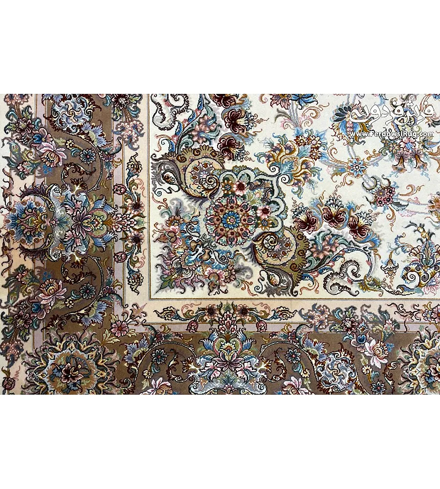 Handwoven cream carpet with copper border, Khatibi design, Tabriz weave, 6 meters long, elegant and durable home decor.