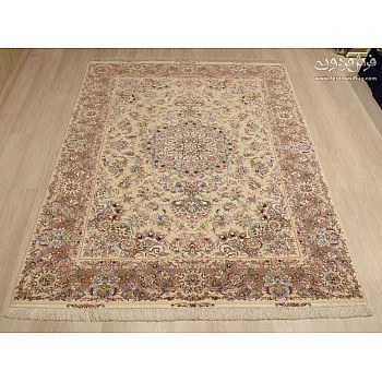 Handwoven carpet with Khatibi design, cream background, copper border, 6 meters, Tabriz weave