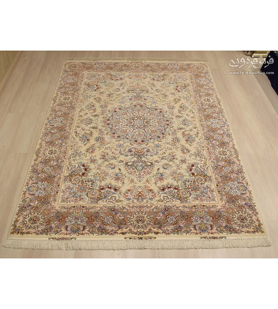 Handwoven cream carpet with copper border, Khatibi design, Tabriz weave, 6 meters long, elegant and durable home decor.