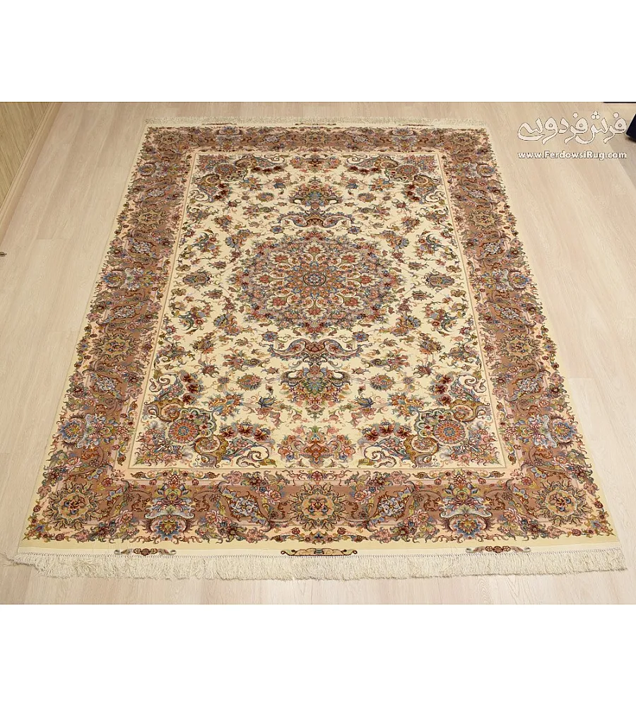 Handwoven cream carpet with copper border, Khatibi design, Tabriz weave, 6 meters long, elegant and durable home decor.