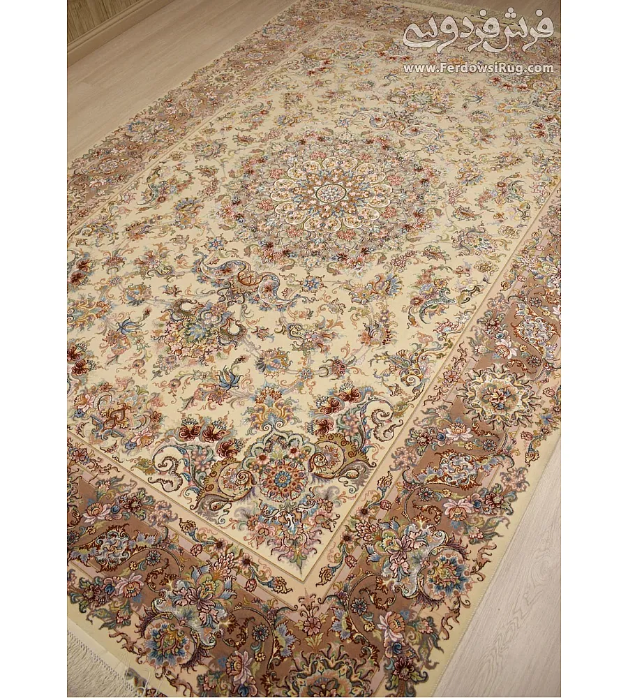 Handwoven cream carpet with copper border, Khatibi design, Tabriz weave, 6 meters long, elegant and durable home decor.
