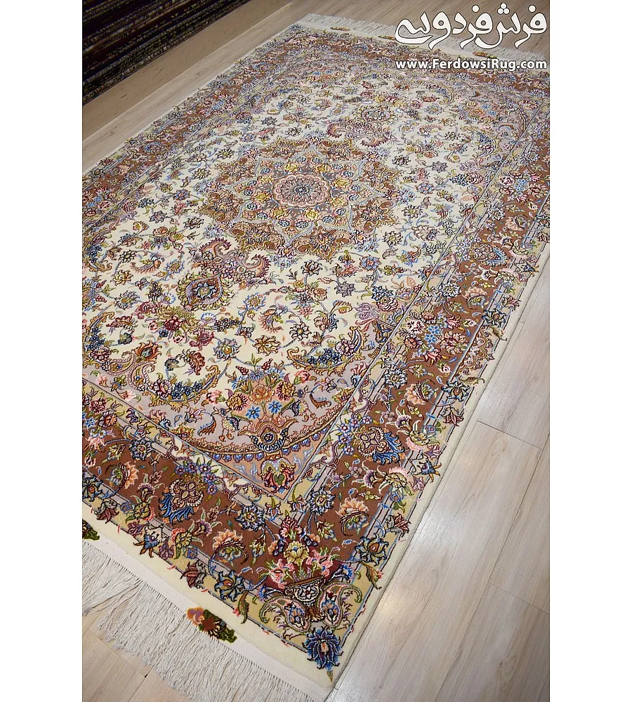 Pair of 6-meter handmade carpets with intricate Golriz design, crafted in Khorasan weave, perfect for elegant home decor.