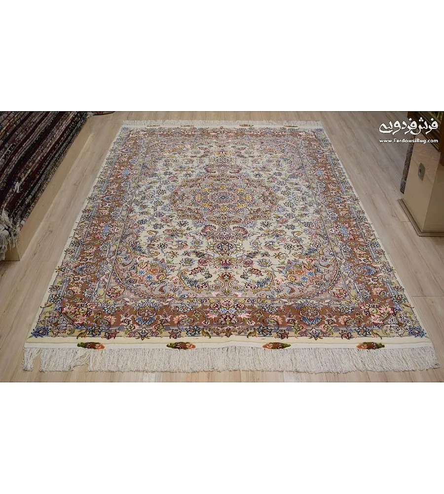 Pair of 6-meter handmade carpets with intricate Golriz design, crafted in Khorasan weave, perfect for elegant home decor.