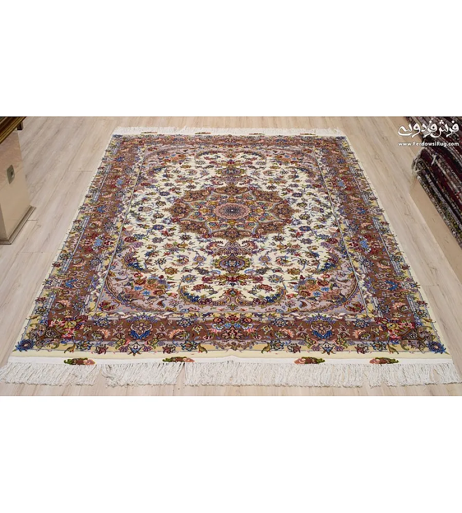 Pair of 6-meter handmade carpets with intricate Golriz design, crafted in Khorasan weave, perfect for elegant home decor.