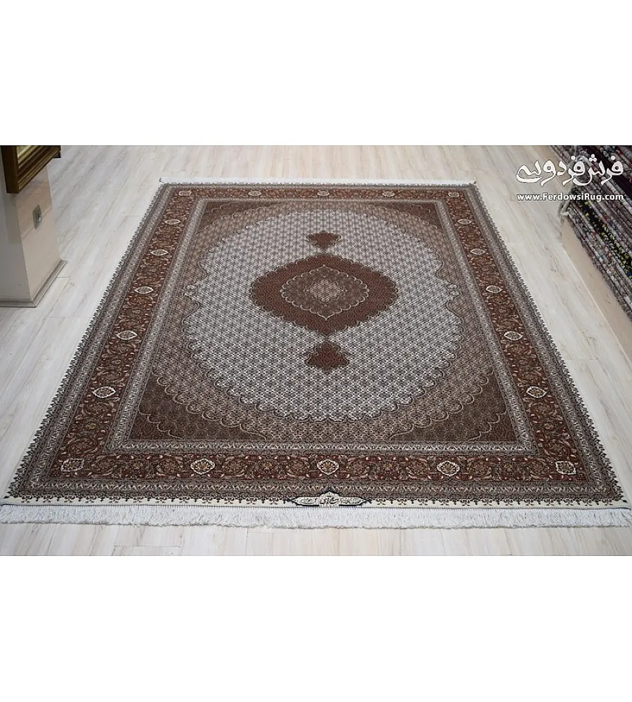 Pair of 6-meter handwoven cream rugs with intricate fish design, Tabriz weave by Abdollahi, perfect for elegant home decor.