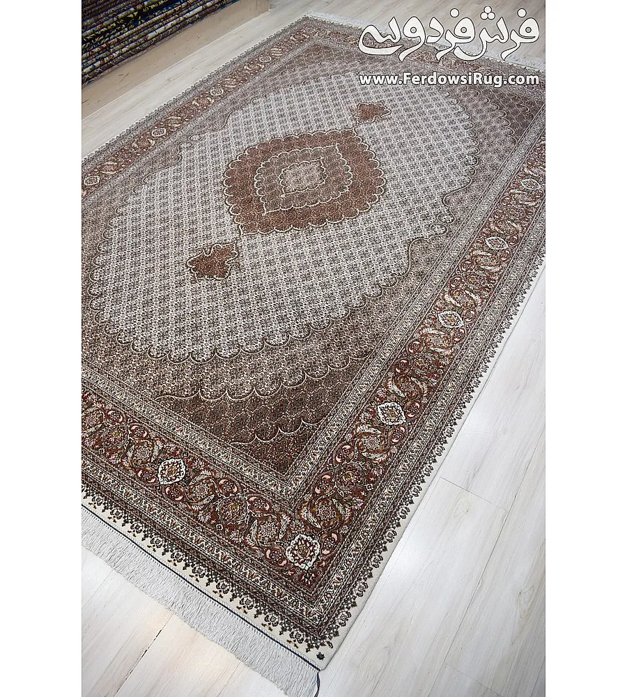 Pair of 6-meter handwoven cream rugs with intricate fish design, Tabriz weave by Abdollahi, perfect for elegant home decor.