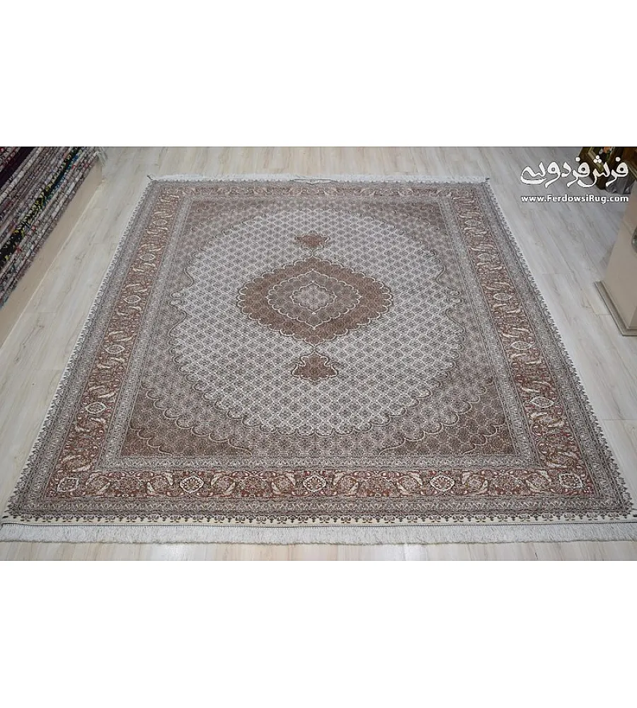 Pair of 6-meter handwoven cream rugs with intricate fish design, Tabriz weave by Abdollahi, perfect for elegant home decor.