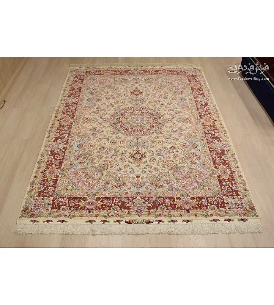 Handmade 6-meter carpet with Aliakram design, copper border, and intricate Tabriz weave, perfect for luxury home decor.