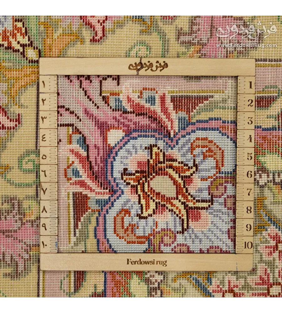 Handmade 6-meter carpet with Aliakram design, copper border, and intricate Tabriz weave, perfect for luxury home decor.