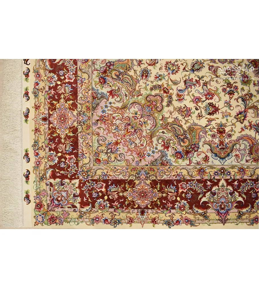 Handmade 6-meter carpet with Aliakram design, copper border, and intricate Tabriz weave, perfect for luxury home decor.