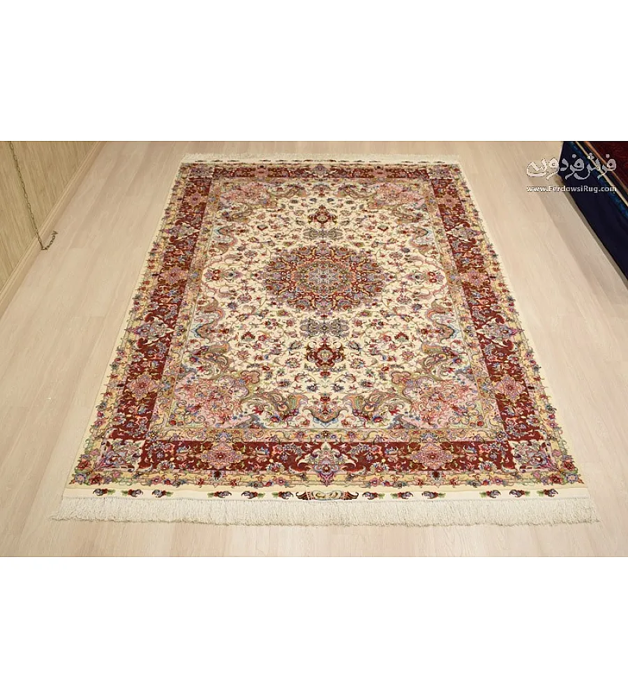 Handmade 6-meter carpet with Aliakram design, copper border, and intricate Tabriz weave, perfect for luxury home decor.