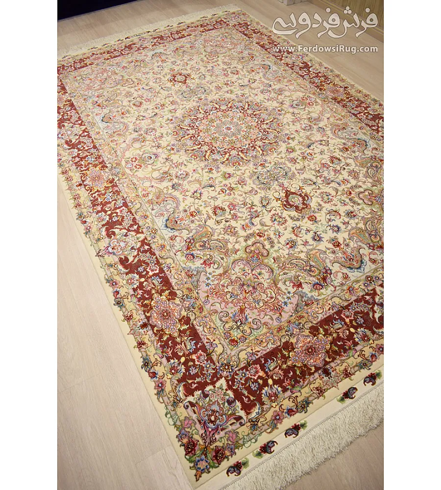 Handmade 6-meter carpet with Aliakram design, copper border, and intricate Tabriz weave, perfect for luxury home decor.
