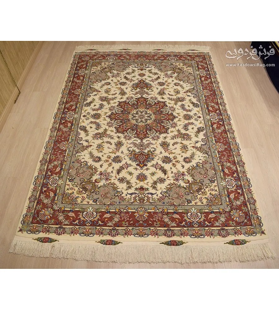 فرش دستباف 6 متری جفت طرح علیزاده رنگ کرم تولید مشهد کیفیت بالا مناسب دکوراسیون کلاسیک
