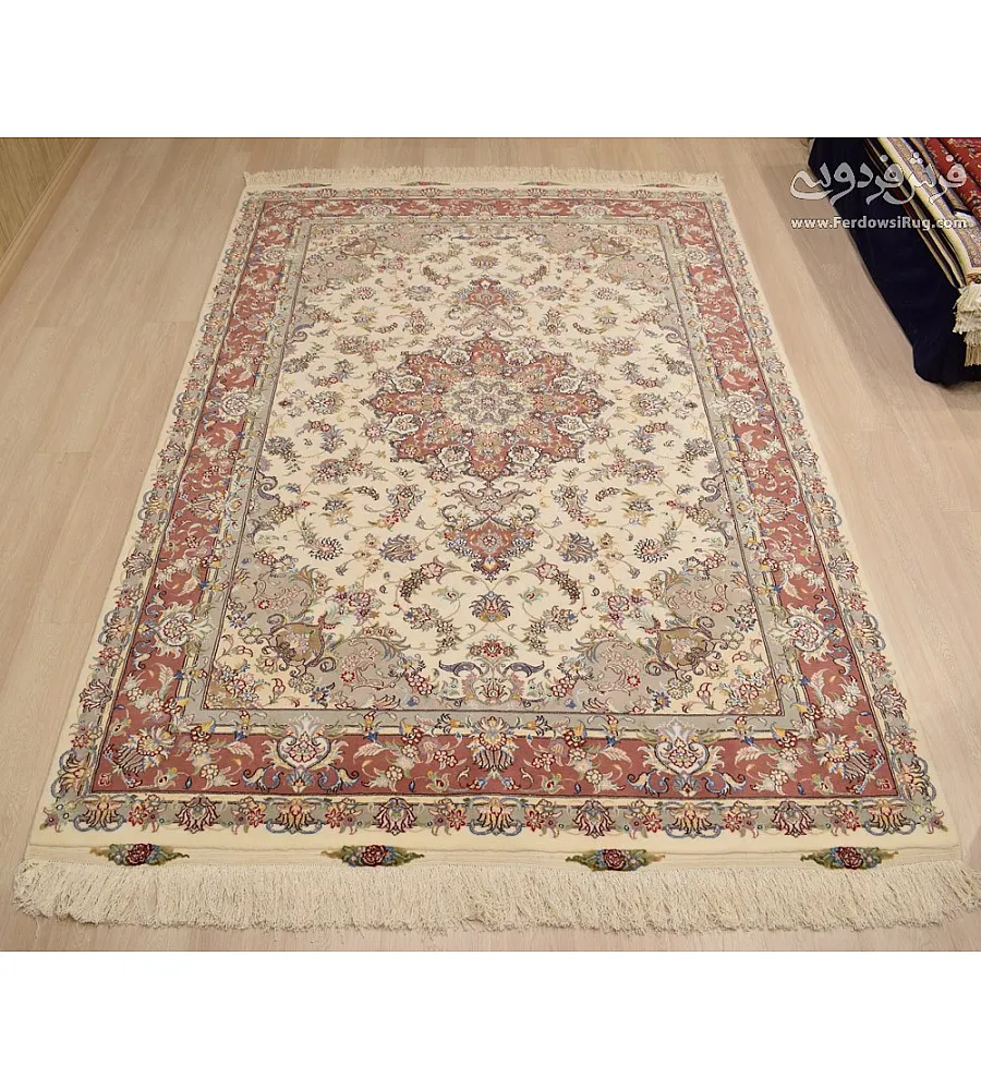 فرش دستباف 6 متری جفت طرح علیزاده رنگ کرم تولید مشهد کیفیت بالا مناسب دکوراسیون کلاسیک
