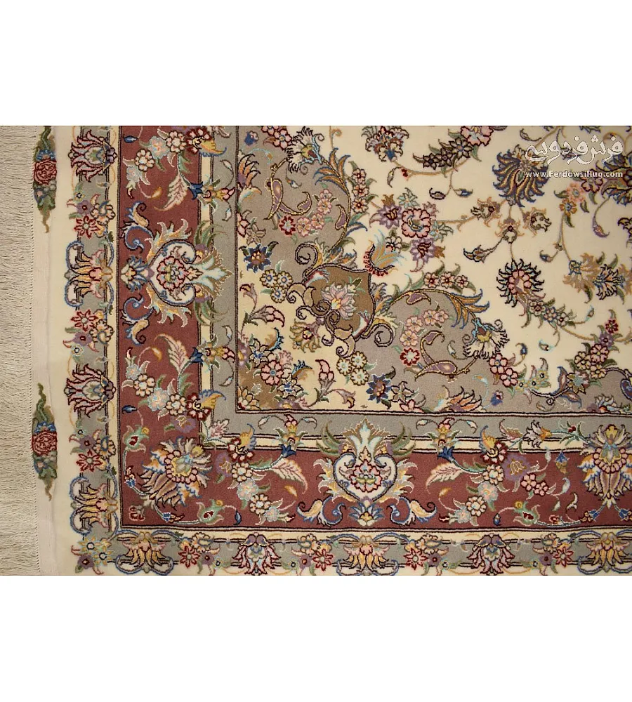 فرش دستباف 6 متری جفت طرح علیزاده رنگ کرم تولید مشهد کیفیت بالا مناسب دکوراسیون کلاسیک