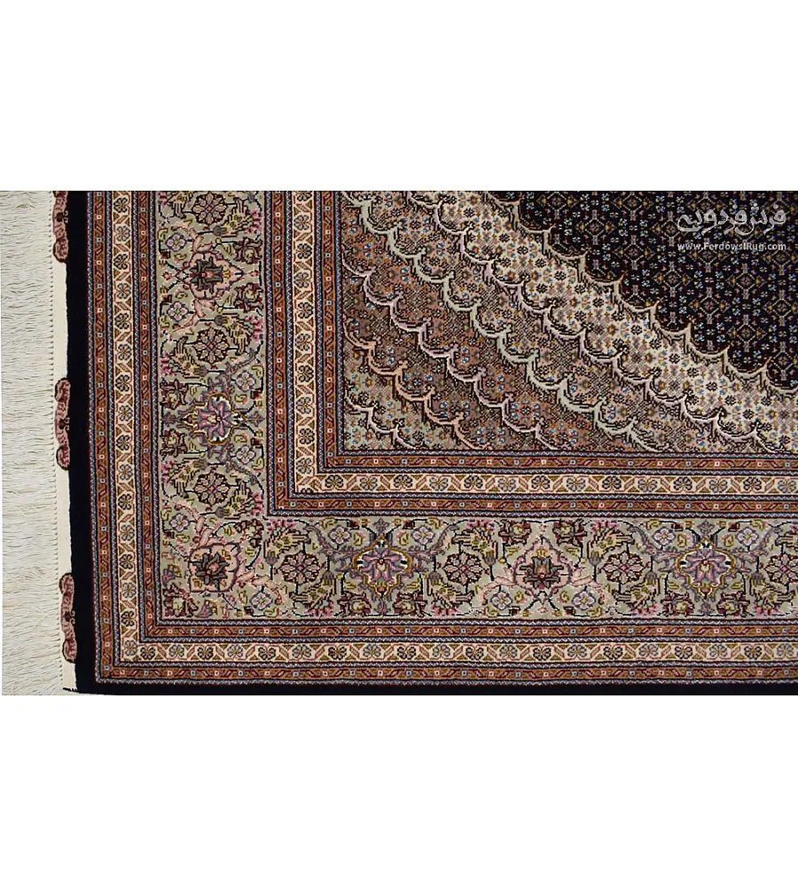 فرش دستباف 6 متری جفت ریزماهی کمال الملک چهل رج سرمه ای تبریز با طرح سنتی و کیفیت بالا مناسب دکوراسیون کلاسیک