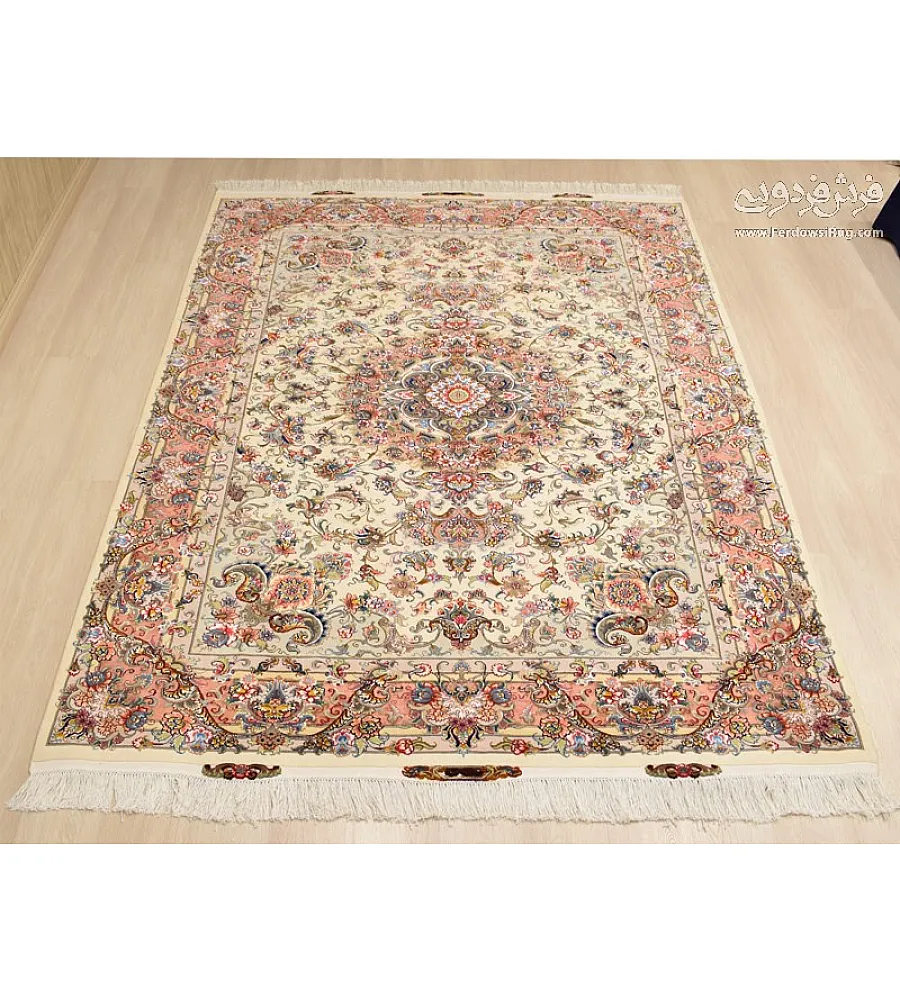 Handwoven 6-meter carpet, cream color, Khatibi design with Lachak Goldani pattern, crafted in Tabriz weave for elegant interiors