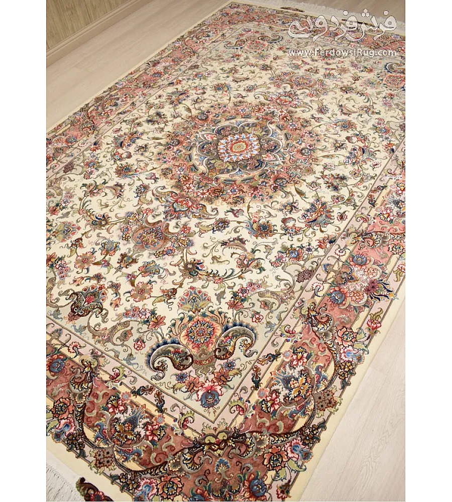 Handwoven 6-meter carpet, cream color, Khatibi design with Lachak Goldani pattern, crafted in Tabriz weave for elegant interiors