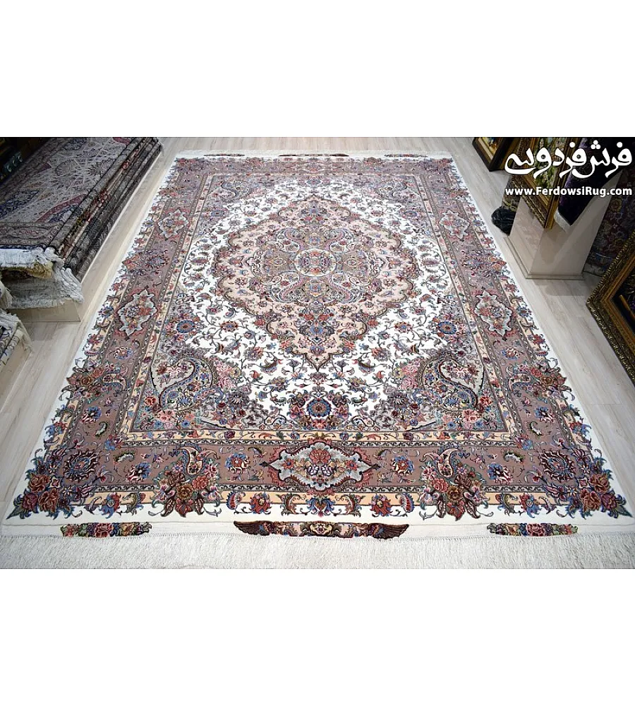 Pair of 9-meter handwoven Salaris rugs in intricate Persian design, crafted in Mashhad with rich colors and premium materials.