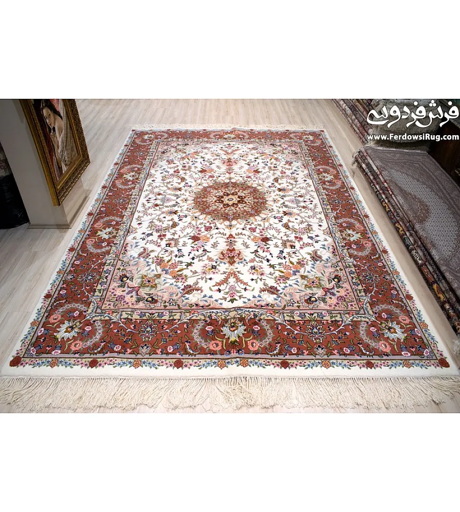 جفت فرش 9 متری دستباف طرح شجاعی رنگ کرم بافت کاشمر مناسب دکوراسیون کلاسیک و اصیل ایرانی