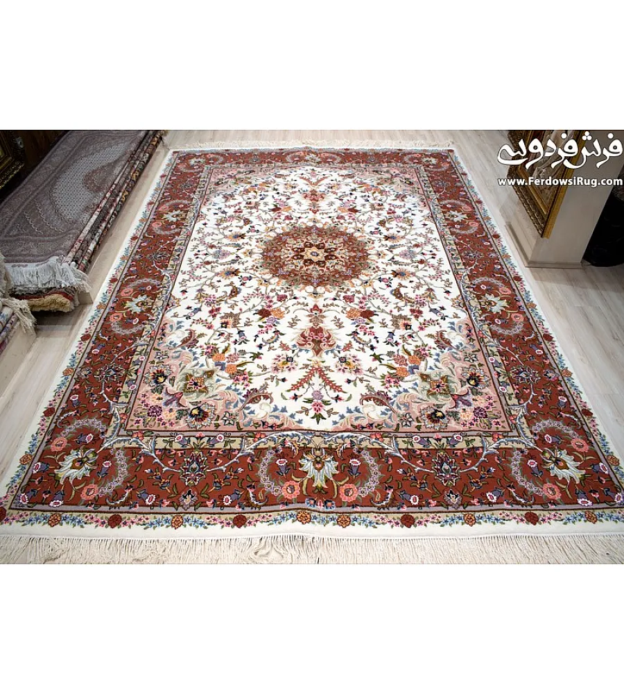 جفت فرش 9 متری دستباف طرح شجاعی رنگ کرم بافت کاشمر مناسب دکوراسیون کلاسیک و اصیل ایرانی