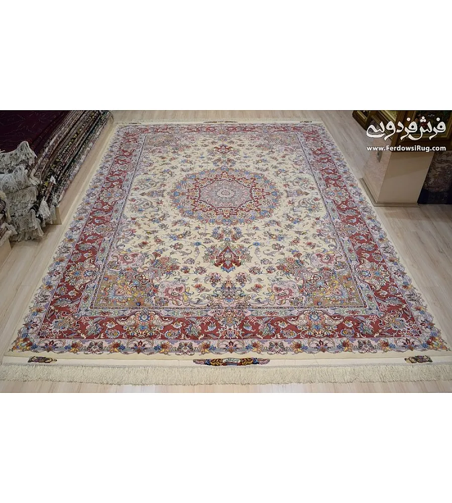 فرش دستباف 9 متری جفت طرح علیزاده چله ابریشم مشهد مناسب دکوراسیون کلاسیک و مدرن با کیفیت عالی