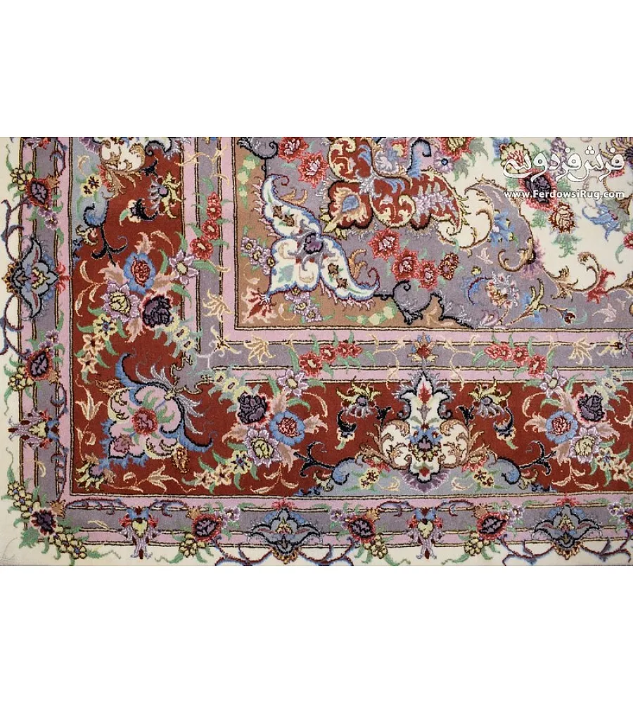 فرش دستباف تبریز 9 متری جفتی نقشه علیزاده با حاشیه مسی طرح سنتی مناسب دکوراسیون کلاسیک و لوکس