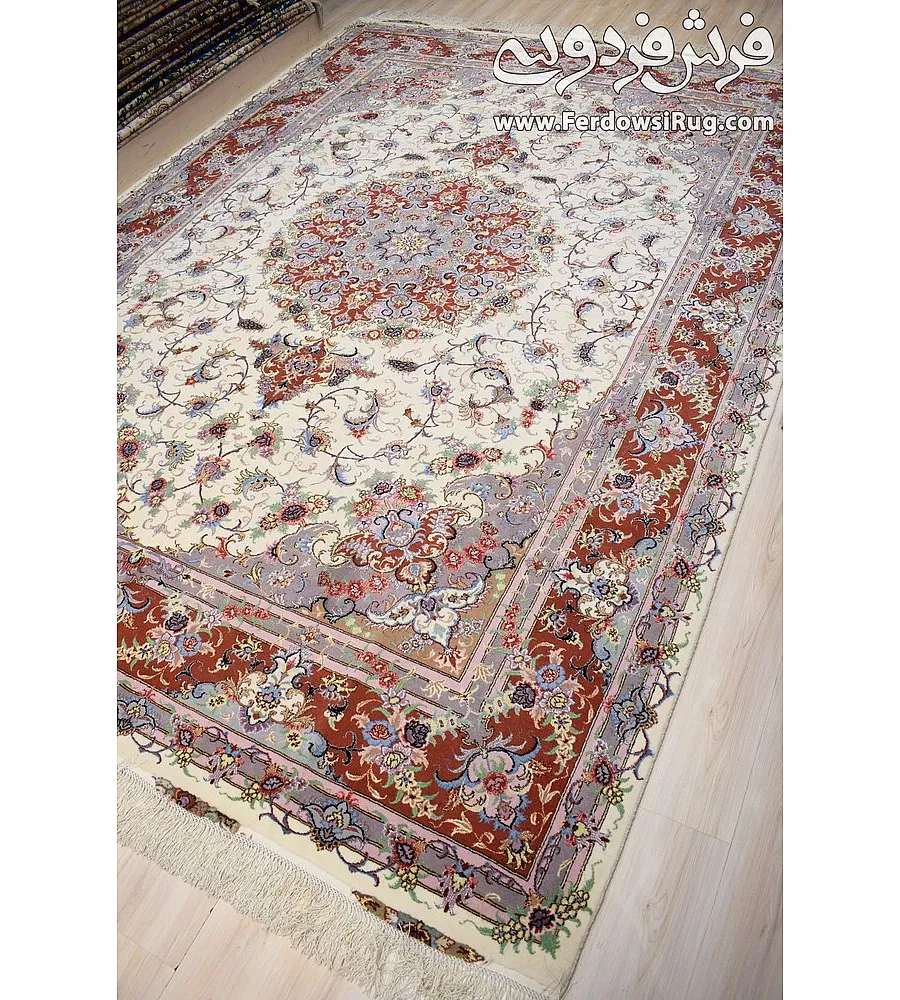 فرش دستباف تبریز 9 متری جفتی نقشه علیزاده با حاشیه مسی طرح سنتی مناسب دکوراسیون کلاسیک و لوکس